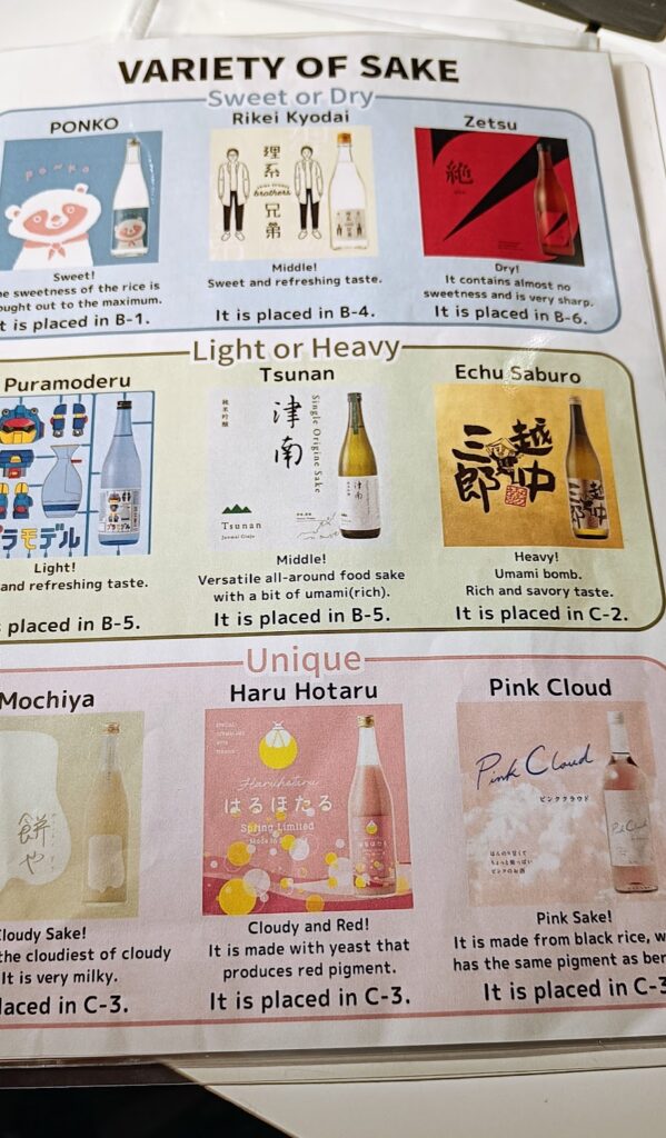 Recommendations from the menu at Sake Market, a sake bar in Tokyo
