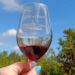 A glass of wine held up to the sky, holding a small measure of red wine. The glass reads "Chateau de Cremat", one of the vineyards near nice