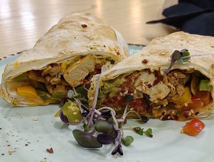 Vegan food in Tashkent, Uzbekistan - a soy pita wrap in EcoCafe, Tashkent