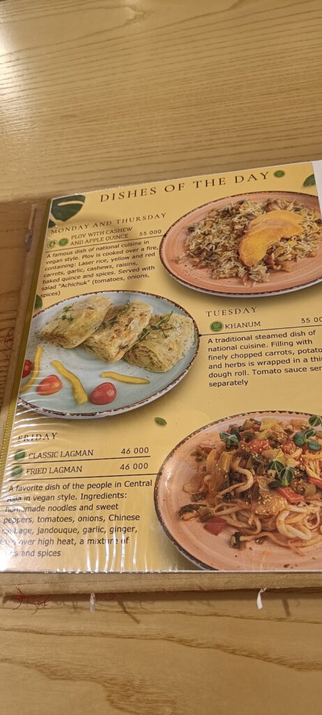 The menu in Eco Cafe, Tashkent, Uzbekistan