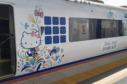 Hello Kitty themed train at station, to accompany a post asking is the JR pass worth it