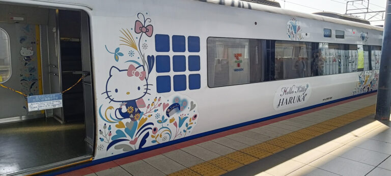 Hello Kitty themed train at station, to accompany a post asking is the JR pass worth it