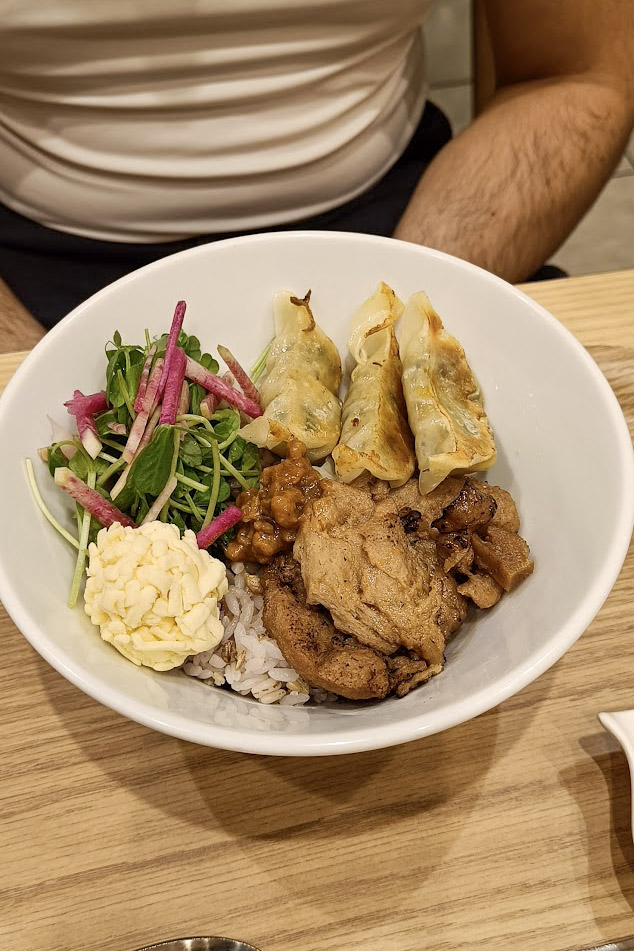 Gyoza and soy meat rice bowl at T's Tantan