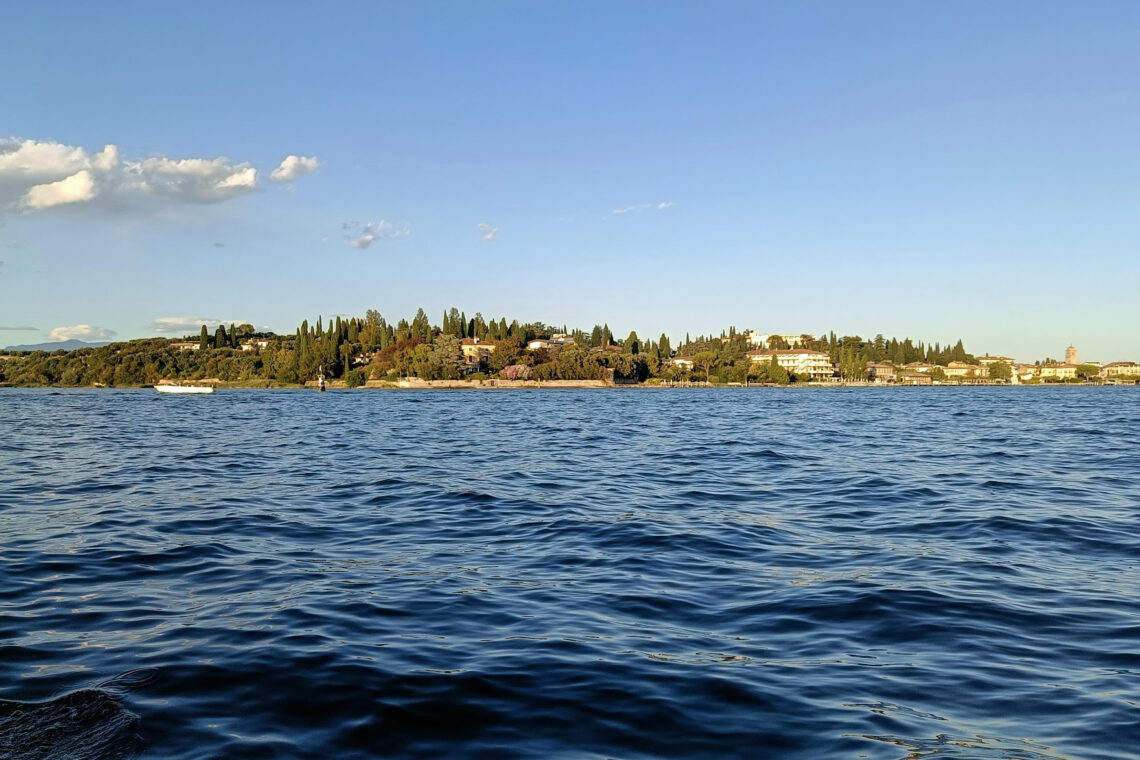 A view of Sirmione from a boat on Lake Garda