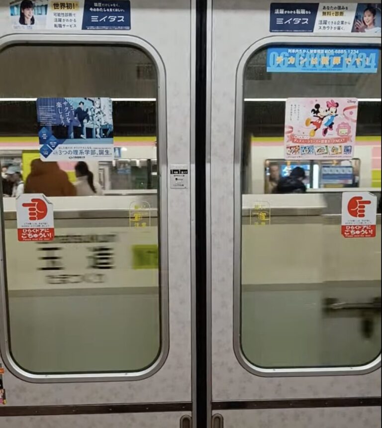 Train doors with advertisements and signage about Japanese train rules. Taken in a Tokyo metro train