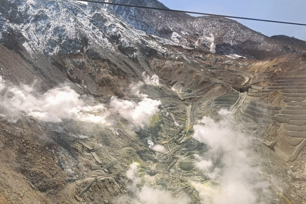 Mountainous landscape with sulphur springs in Hakone, Japan
