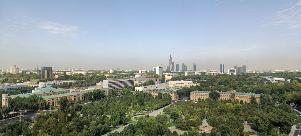 The daytime skyline of Tashkent, seen from the bar of the hotel Uzbekistan