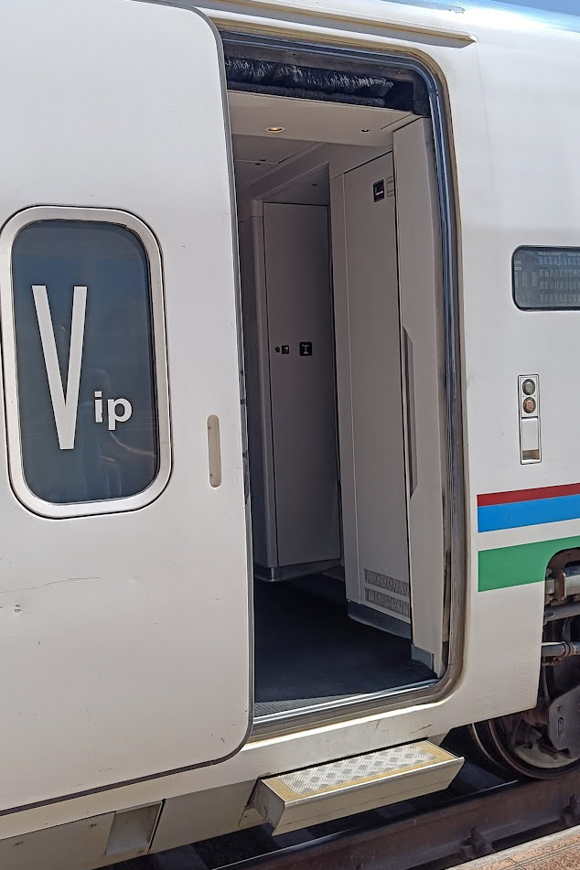 The doors to the VIP carriage on the Afrosiyob train in Uzbekistan