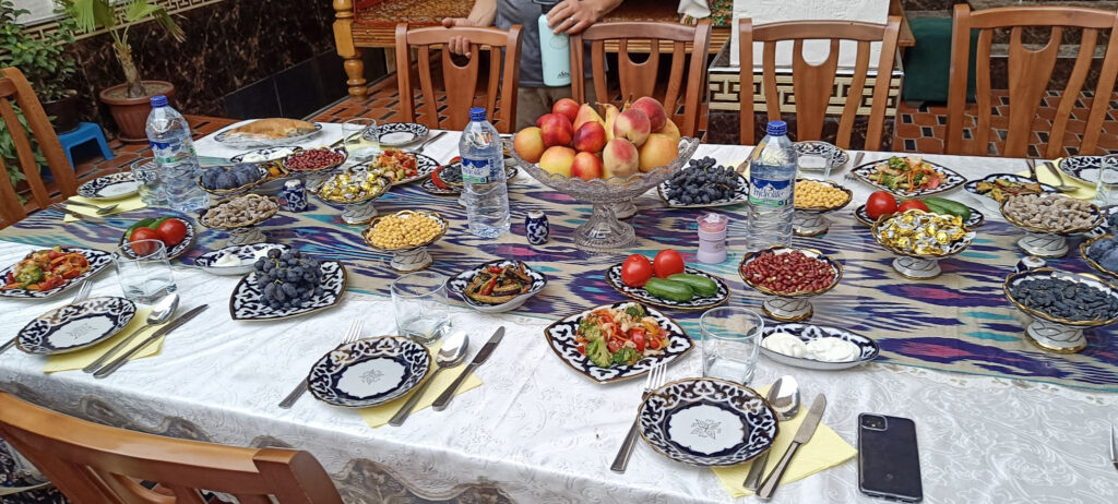 A table laden for a meal in a traditional Uzbek home