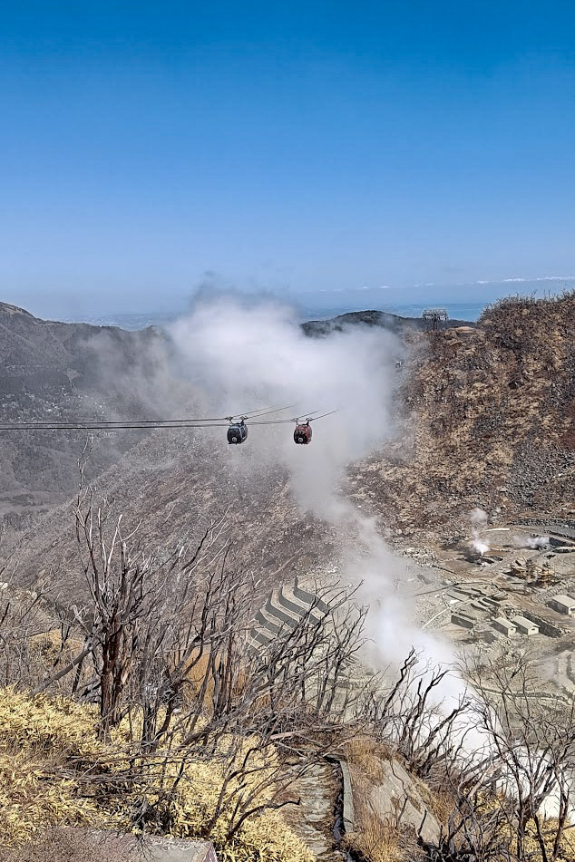 Cable cars above volcanic landscape in Hakone Japan