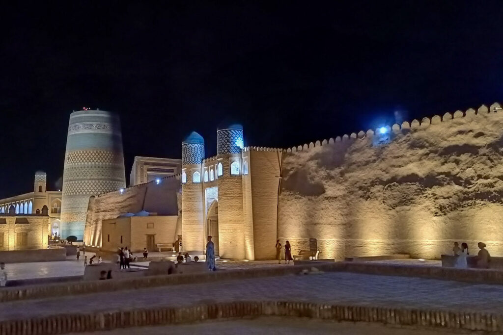 Khiva, Uzbekistan seen at night, with the old city walls lit up