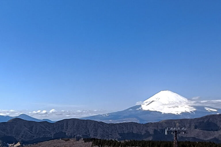 Snow-capped Mount Fuji under clear blue sky, on a one day in Hakone trip