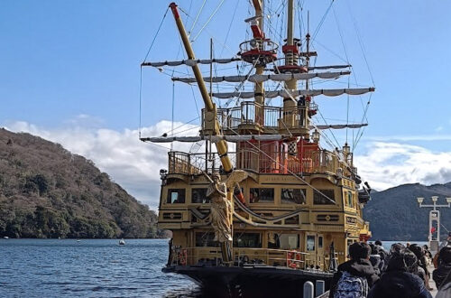 The Queen Ashinoko Pirate Ship on Lake Ashi with Mount Fuji in the background.