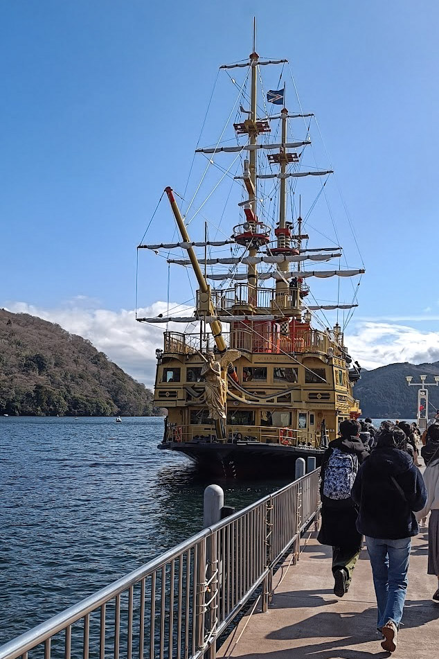 The Queen Ashinoko Pirate Ship on Lake Ashi with Mount Fuji in the background.