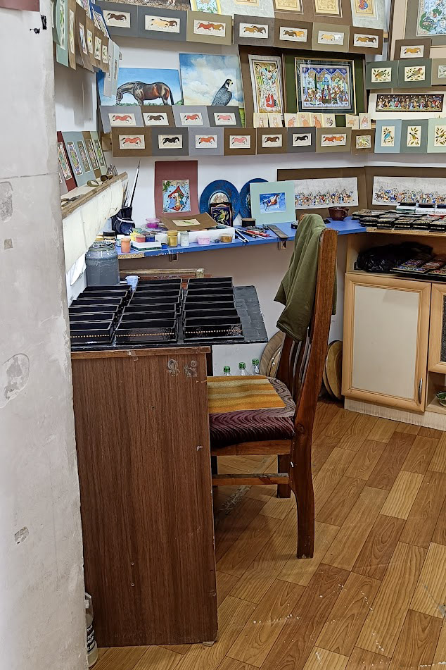 The interior of a former students cell, turned artisan studio, at the Hazrati Imam complex in Tashkent Uzbekistan