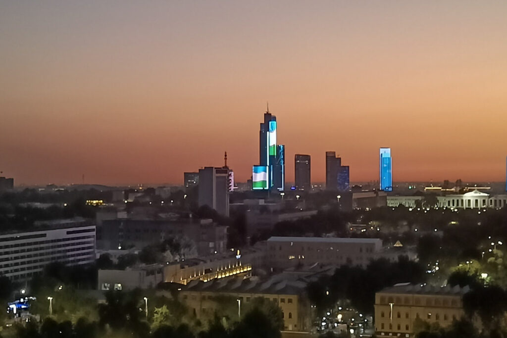 The night skyline of Tashkent at Sunset, seen from the bar of the Hotel Uzbekistan
