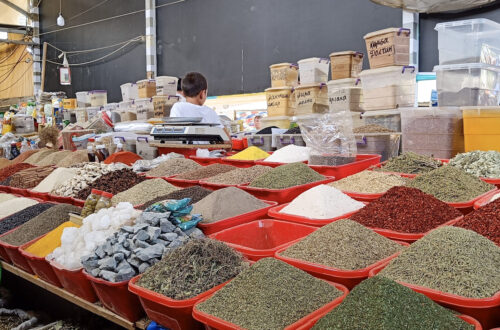 A market stall in chorsu bazaar in Tashkent, Uzbekistan - a good stop for travelling Uzbekistan as a vegan