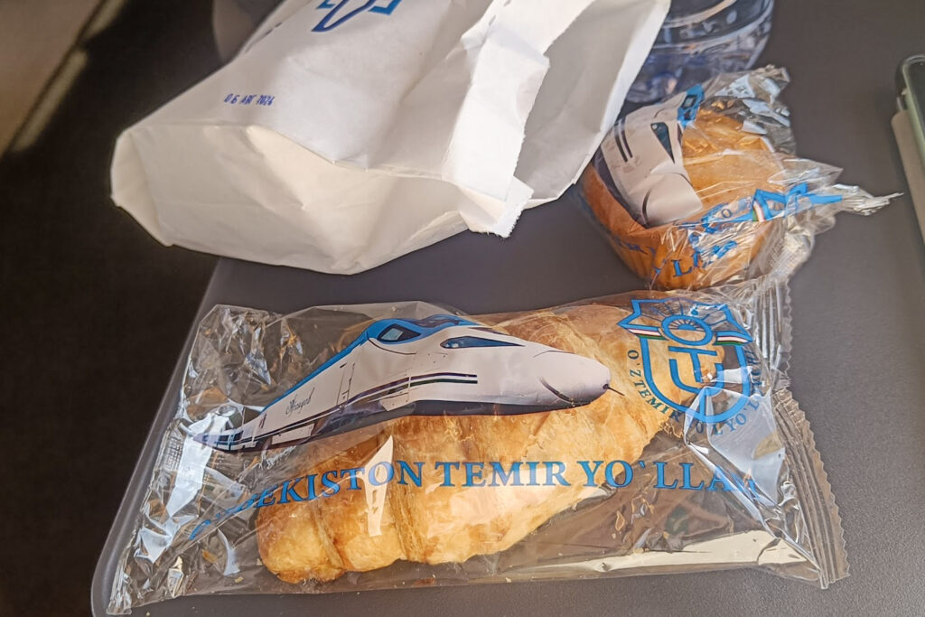 Snacks on the Afrosiyob, a prepackaged croissant and bun in Uzbekistan