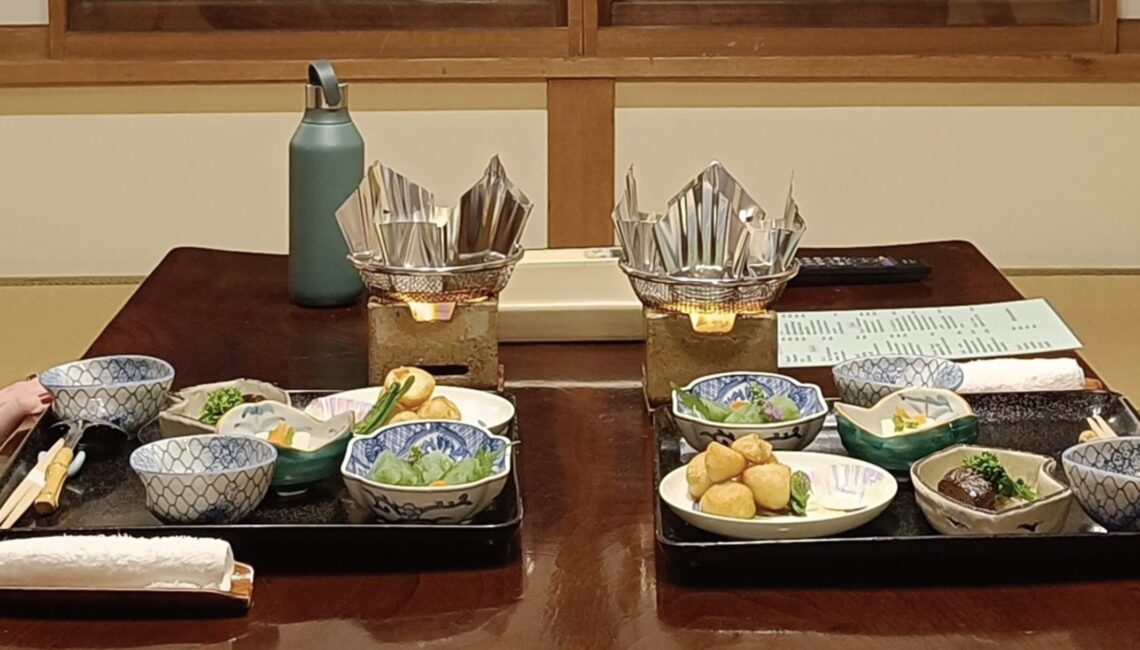 Kaiseki: Vegan in Hakone Ryokan meal laid out on a table in a traditional room.