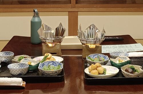 Kaiseki: Vegan in Hakone Ryokan meal laid out on a table in a traditional room.