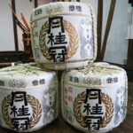 Japanese sake barrels, decorated in a traditional style