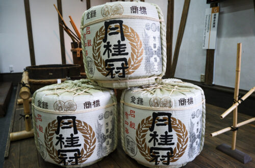 Japanese sake barrels, decorated in a traditional style