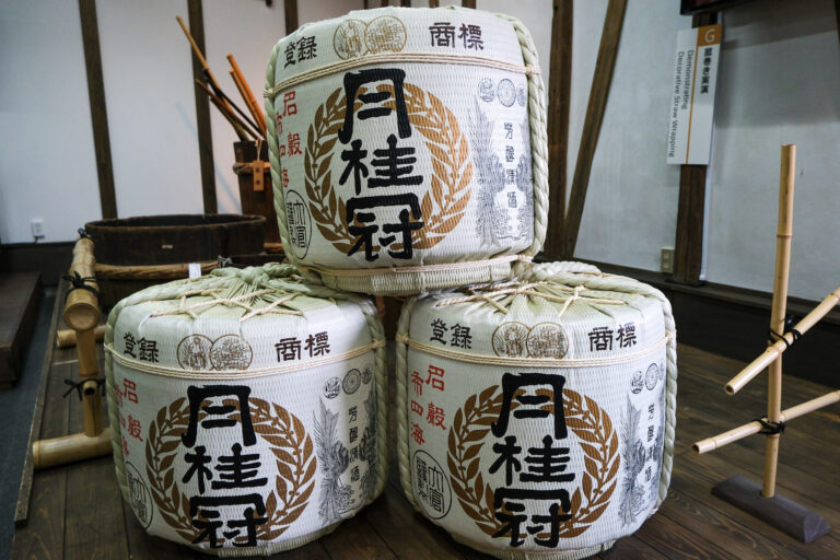 Japanese sake barrels, decorated in a traditional style