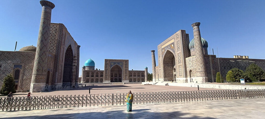 Laura standing in front of Registan in Samarkand