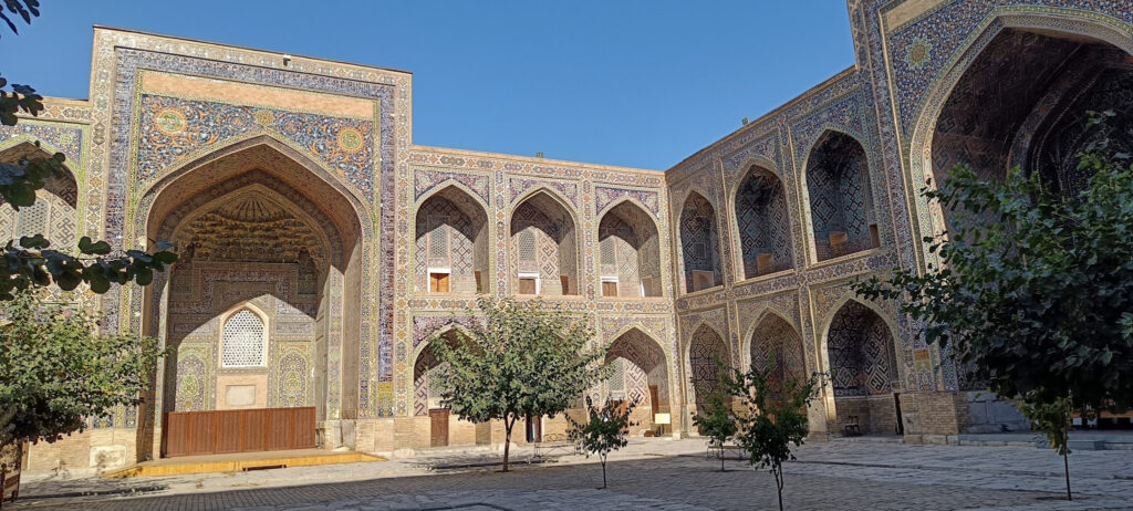 The interior courtyard of a Madrasa in Samarkand Uzbekistan
