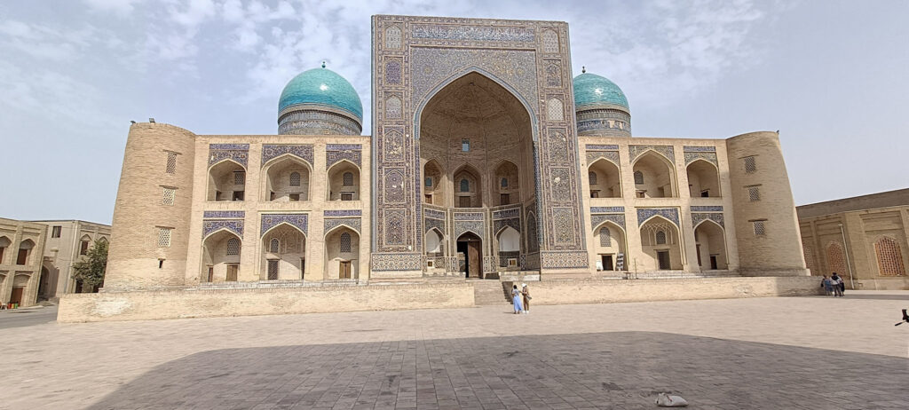 The exterior of the Mir-i-Arab Madrasah in Bukhara, Uzbekistan