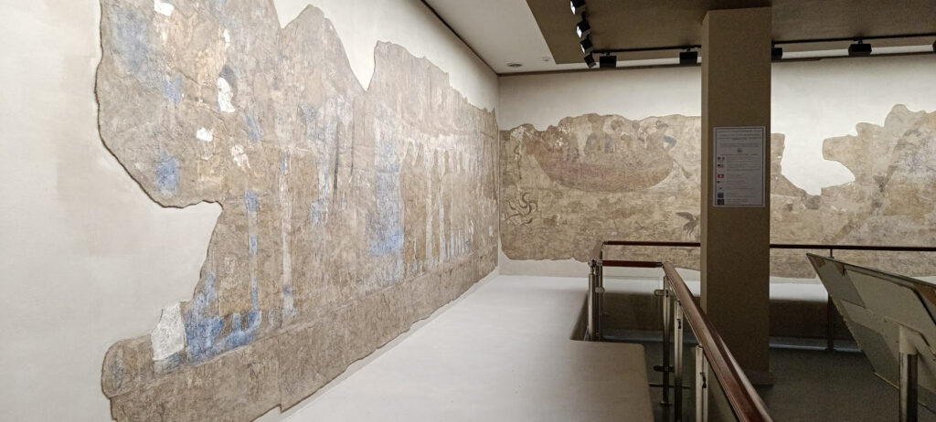 7th Century frescoes on the wall in the Afrasiab museum in Samarkand, Uzbekistan