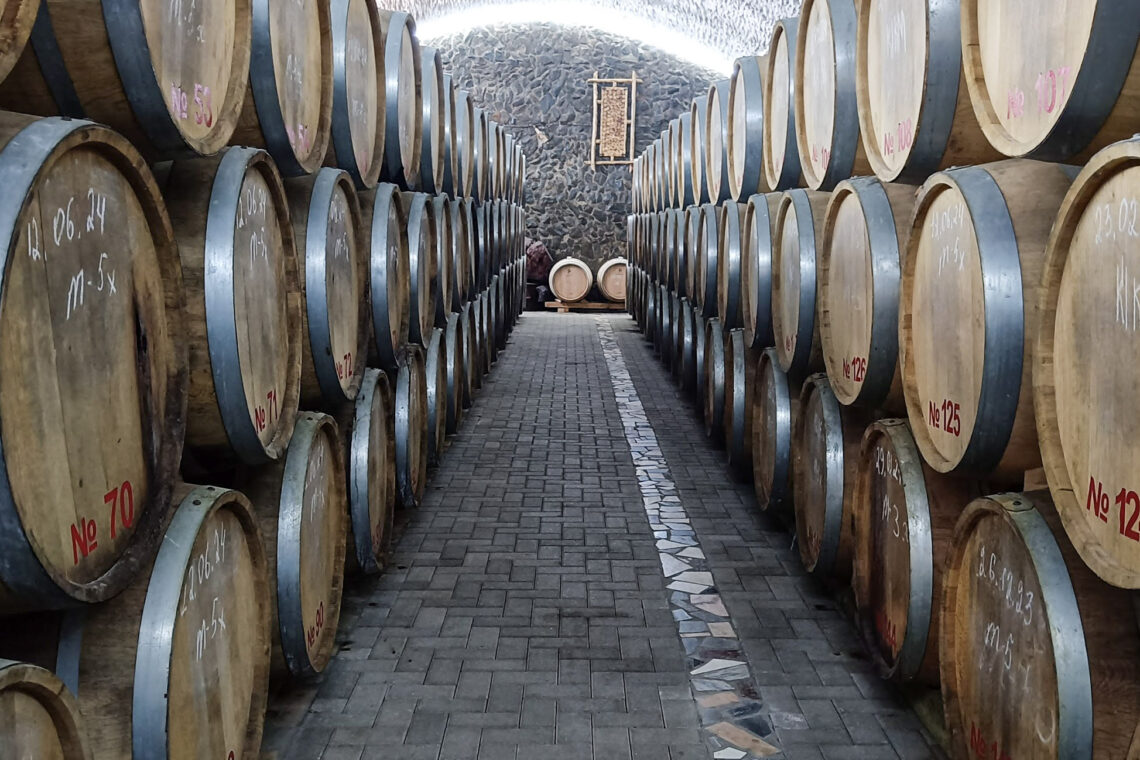 A row of wine barrels in the Bagizagan winery in Samarkand, Uzbekistan