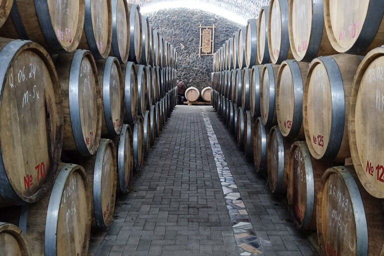 A row of wine barrels in the Bagizagan winery in Samarkand, Uzbekistan