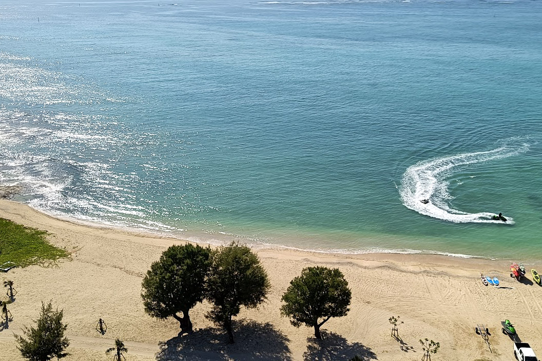 The beachfront view of the Ryukyu Hotel and Resort in Okinawa, Japan