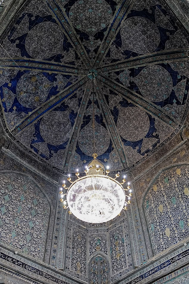 The tiled interior of the The Pahlavon Mahmud Mausoleum in Khiva, Uzbekistan