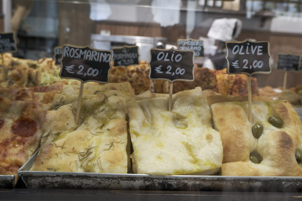A display of focaccia for sale in Verona, Italy