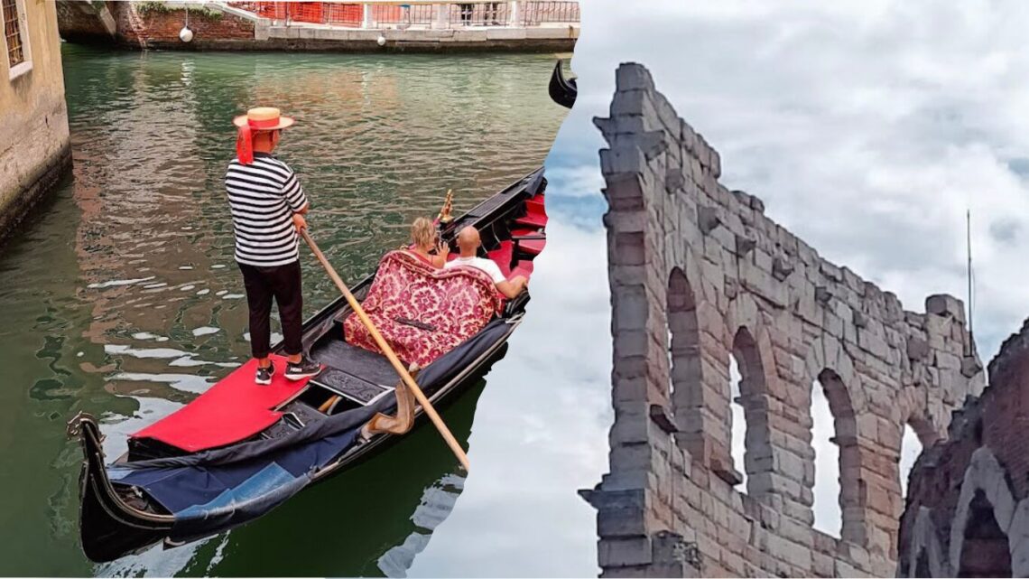 Venice or Verona, an image showing a Venetian gondolier on one side and a shot of the Verona arena on the other