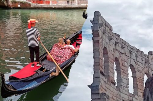 Venice or Verona, an image showing a Venetian gondolier on one side and a shot of the Verona arena on the other