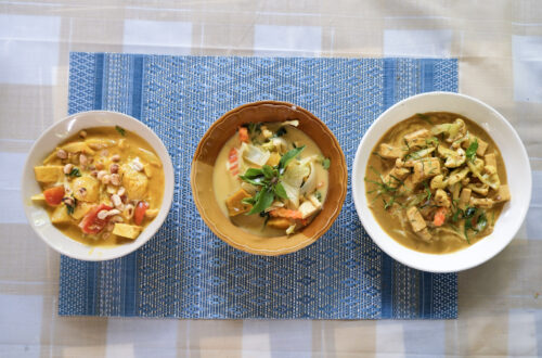 Three thai dishes at a vegan cooking in Chiang Mai