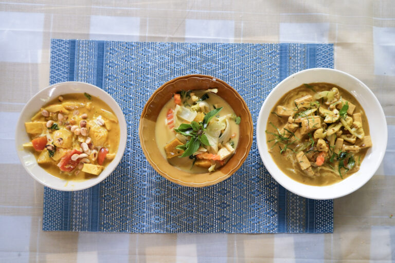 Three thai dishes at a vegan cooking in Chiang Mai