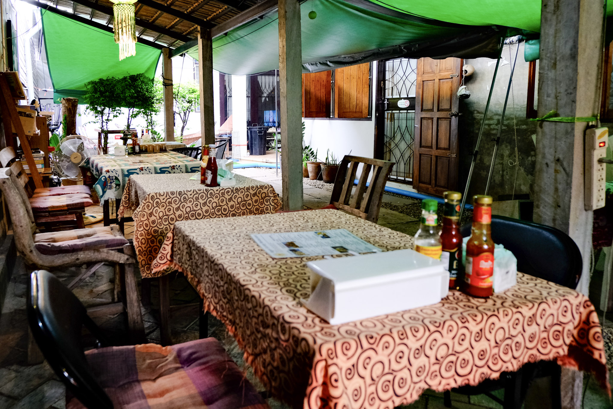 Outdoor dining area with tables