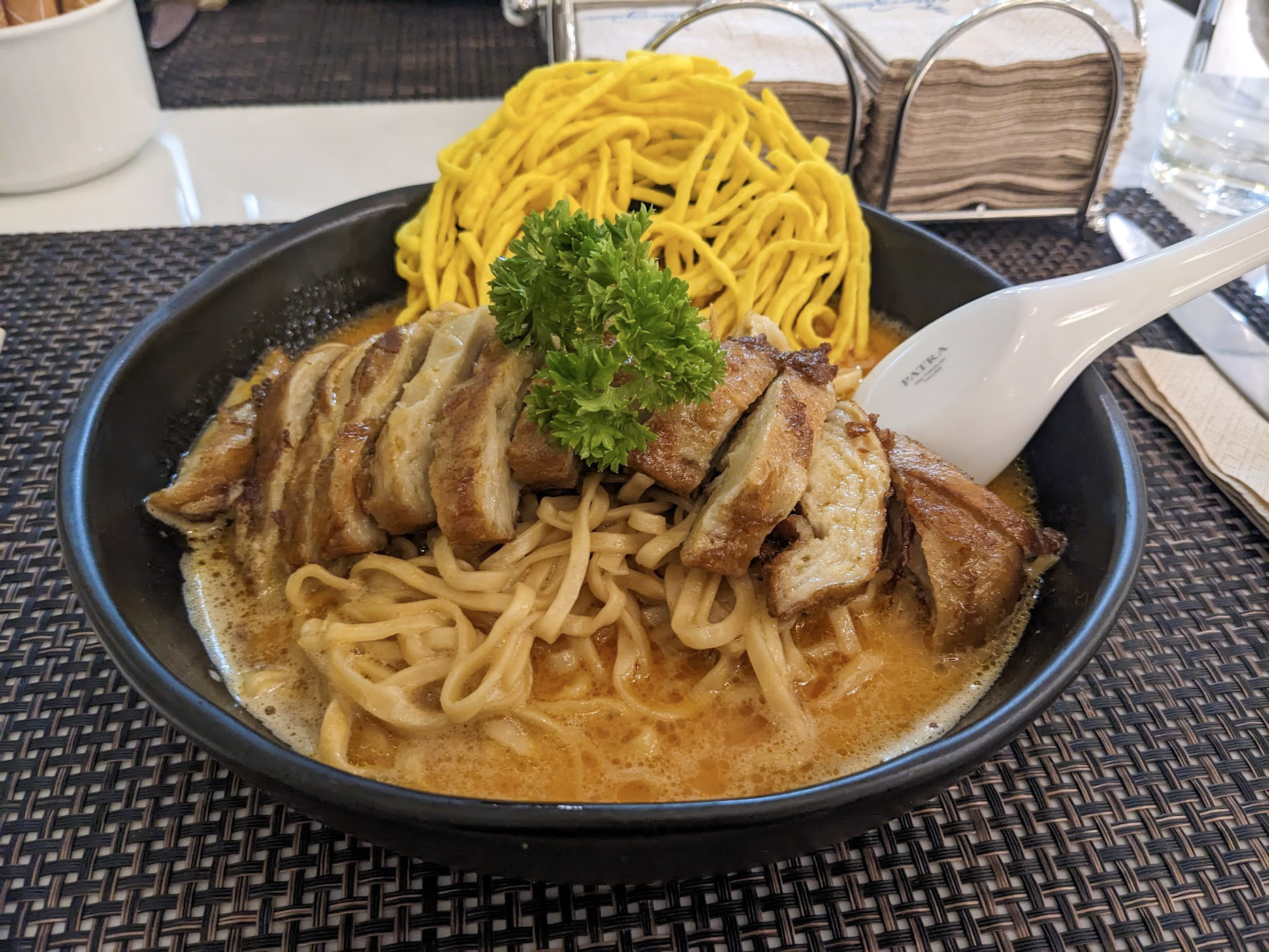 Bowl of noodles with grilled vegan chicken