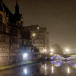 Fog lined river and buildings in Strasbourg at Christmas