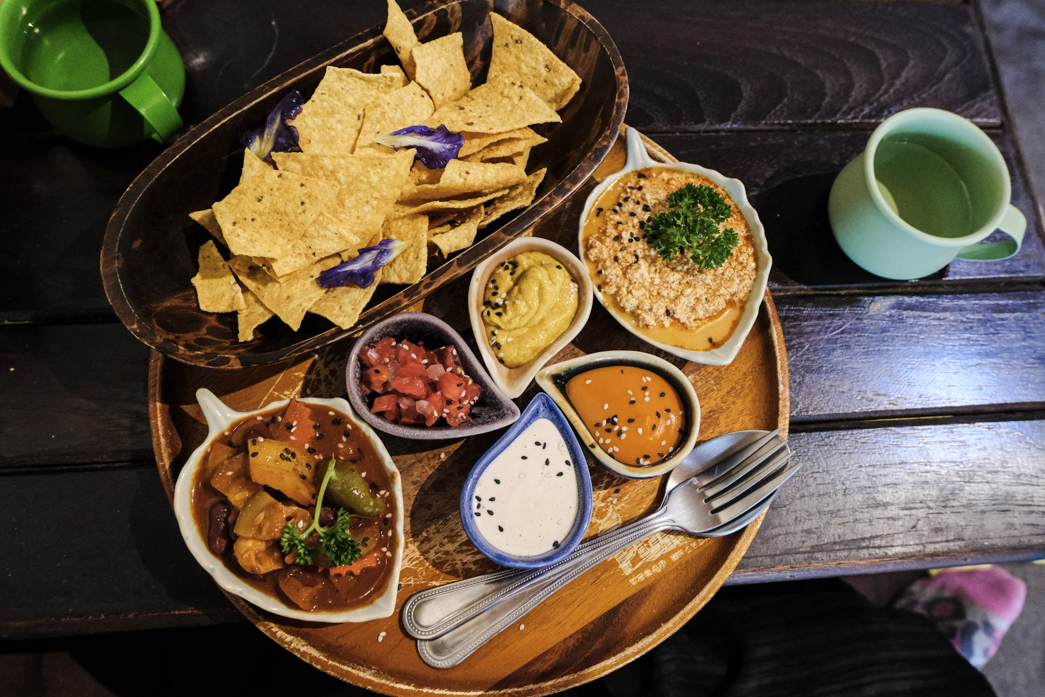 Colorful platter of dips and chips